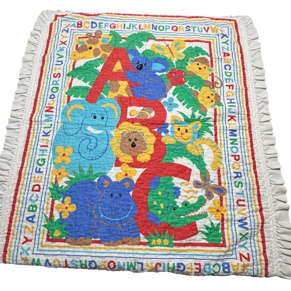 Vintage Princess Fabrics ABC Animal Safari Quilted Baby Blanket Ruffle 37x46
